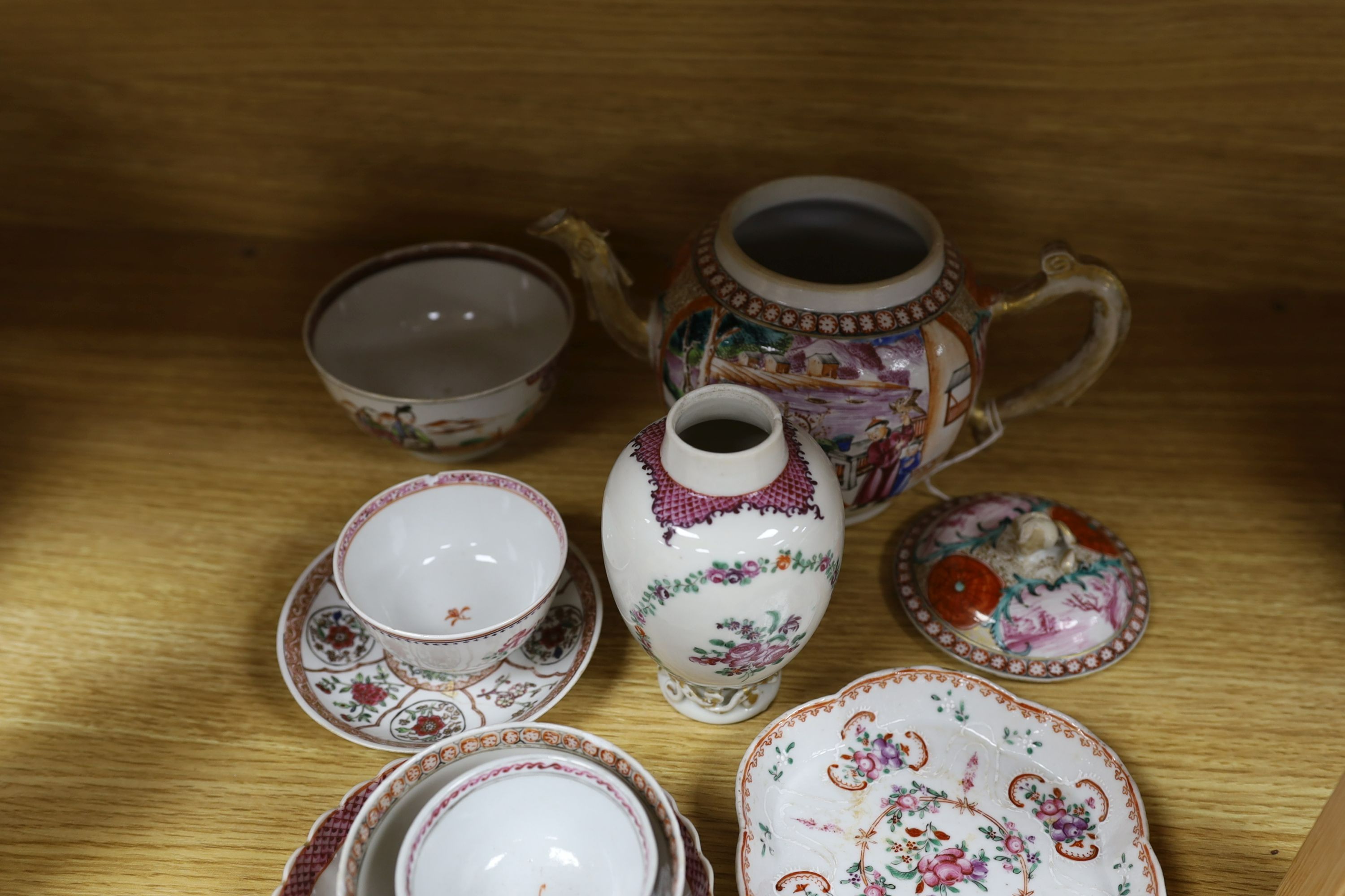 A selection of 18th century Chinese export wares, to include a teapot, tea bowls, saucers etc., some matching, tallest 16cm, (10)